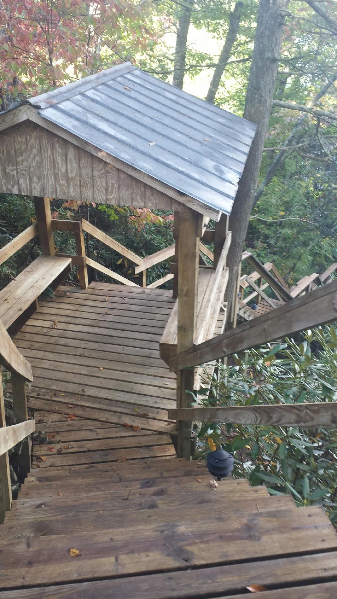 Metal roofed shelter over wooden steps on a wooded walkway — Skylight Repair & Installation work by our crew in Pawlet